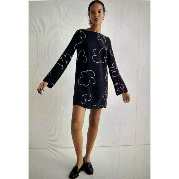 MADEWELL Erika Cupro Shift Mini Dress Long Bell Sleeve Black Patterned Size XXS - Picture 2 of 13